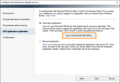 The Sent Items Update configuration wizard: automatic application registration.