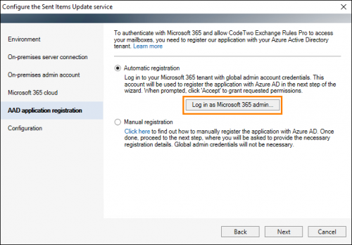 The Sent Items Update configuration wizard: automatic application registration.