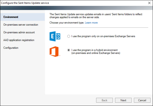 The Sent Items Update configuration wizard: environment type selection.