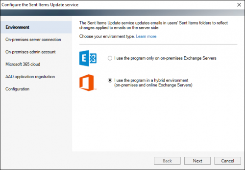 The Sent Items Update configuration wizard: environment type selection