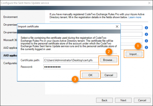 The Sent Items Update configuration wizard: importing a certificate