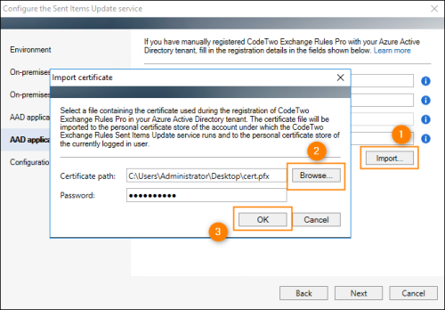 The Sent Items Update configuration wizard: importing a certificate