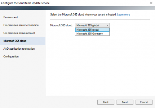 The Sent Items Update configuration wizard: selecting the Microsoft 365 cloud