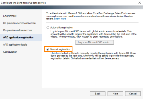 The Sent Items Update configuration wizard: proceeding with the manual application registration option.