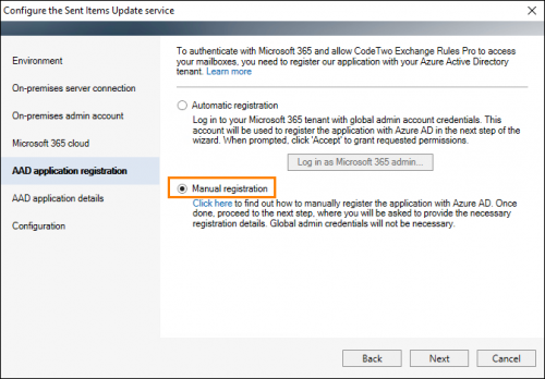 The Sent Items Update configuration wizard: proceeding with the manual application registration option