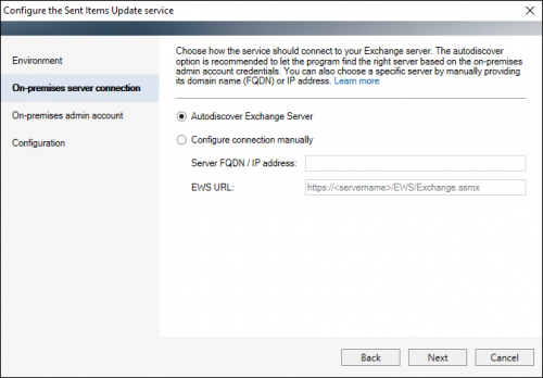 The Sent Items Update configuration wizard: connecting to an on-premises Exchange Server via the Autodiscover mechanism