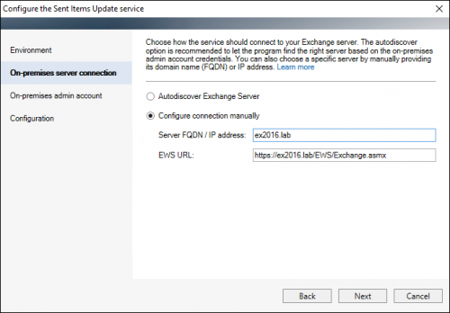 The Sent Items Update configuration wizard: establishing a manual connection to an on-premises server