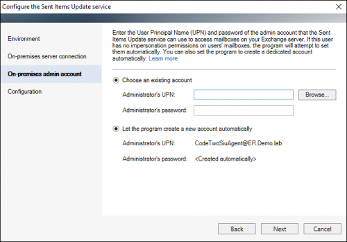 The Sent Items Update configuration wizard: automatic creation of a dedicated service account