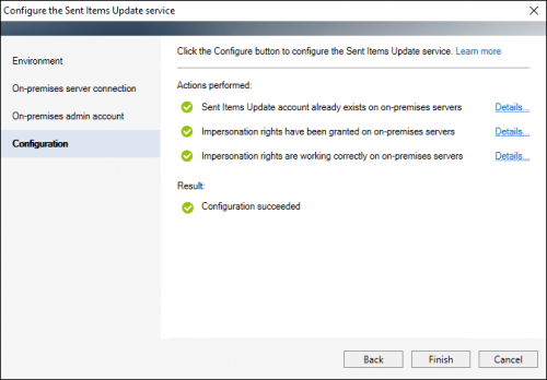 The Sent Items Update service has been configured.