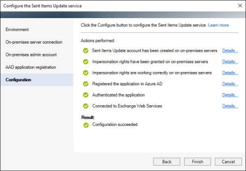 Successful configuration of the SIU service. The displayed actions might differ depending on your setup