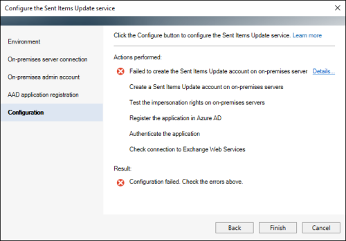 A failed configuration of the Sent Items Update service