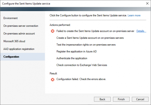 A failed configuration of the Sent Items Update service