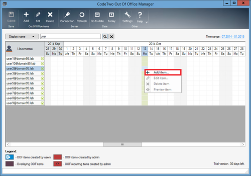 OOOM - Add new OOF item via calendar.