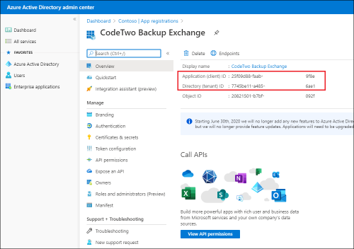 Backup Exchange connection Azure IDs