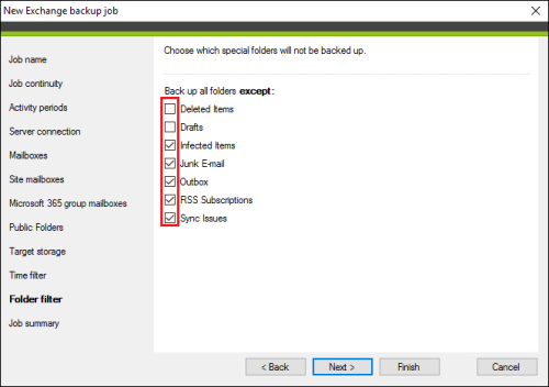 Excluding special folders from the backup job.