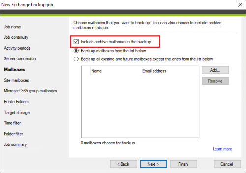 This option lets you back up users' archive mailboxes as well.