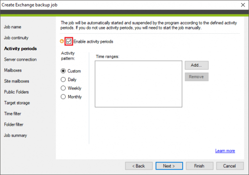 Backup Exchange backup job enable activity periods