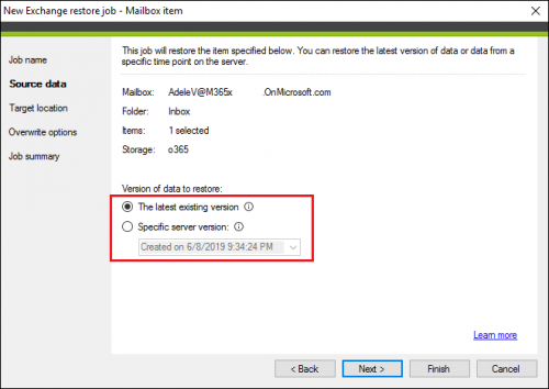 Backup Exchange restore Source data