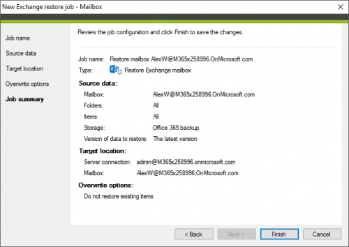 Backup Exchange restore Job summary