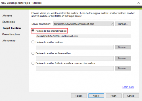 Backup Exchange restore original location 2.3
