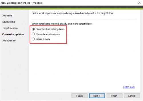 Backup Exchange restore Overwrite options