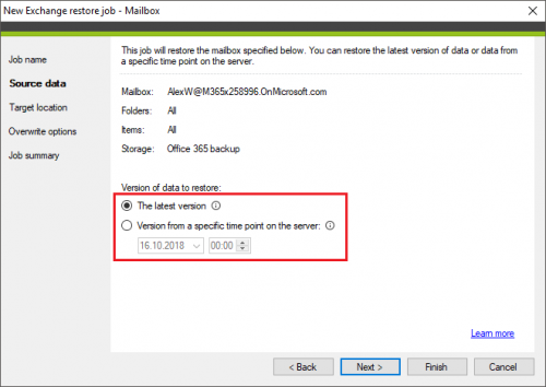 Backup Exchange restore Source data