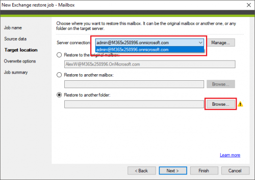 Backup Exchange restore another folder