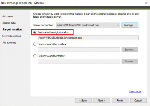 Backup Exchange restore original location