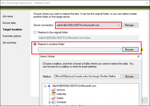 Selecting a target location for the backed-up data.