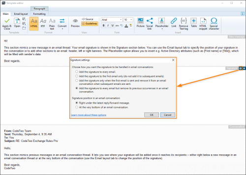 Opening the signature's additional options.