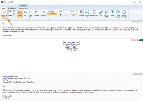 Saving a new template in the editor.