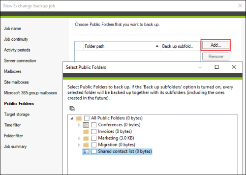 Selecting public folders to be included in the backup process.