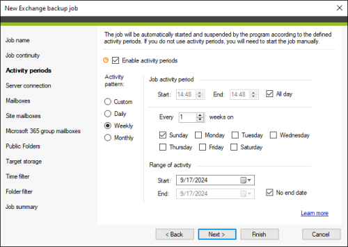 Choosing the job's activity periods.