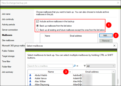 Selecting mailboxes for a backup process.