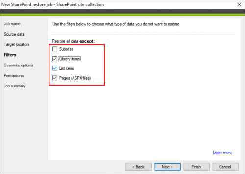 Backup SharePoint restore Filters