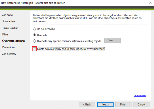 Backup SharePoint restore Overwrite options