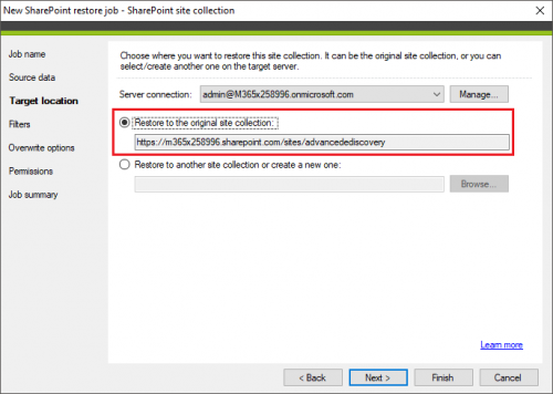 Backup restore to original location