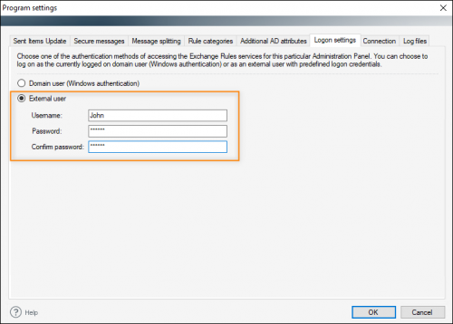Defining external user's credentials.
