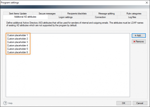 Additional AD attributes (custom placeholders) in the program's settings.