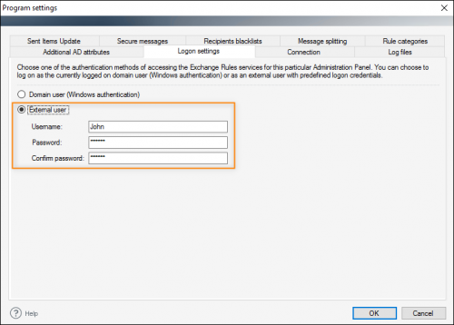 Defining external user's credentials.