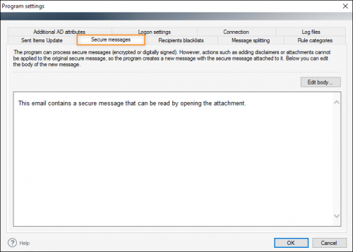 The Secure messages tab in program's settings.