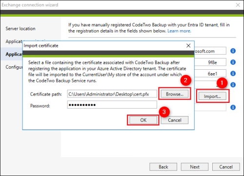 Importing the certificate associated with CodeTwo Backup.