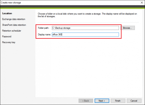 Selecting folder path and display name for a backup storage in CodeTwo Backup