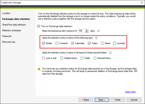 Selecting Exchange item types retention in CodeTwo Backup