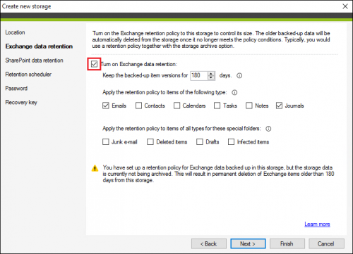 Enabling Exchange retention in CodeTwo Backup