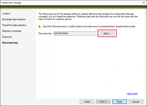 Saving a storage Recovery key in CodeTwo Backup