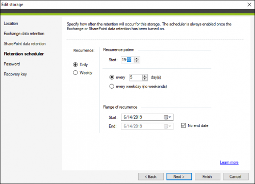 Storage retention scheduler in CodeTwo Backup - daily recurrence