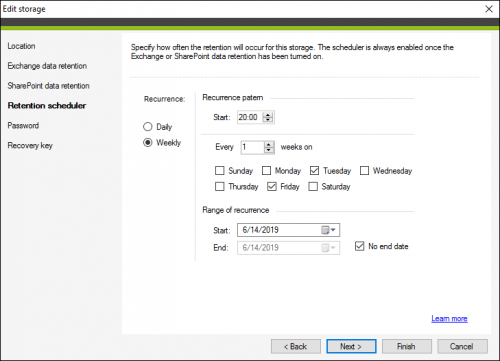 Storage retention scheduler in CodeTwo Backup - weekly recurrence