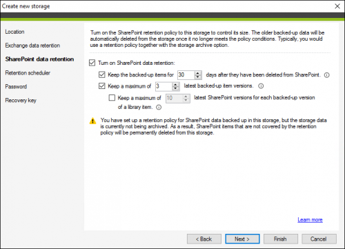 SharePoint retention - typical configuration in CodeTwo Backup