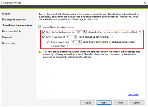 SharePoint data retention in CodeTwo Backup